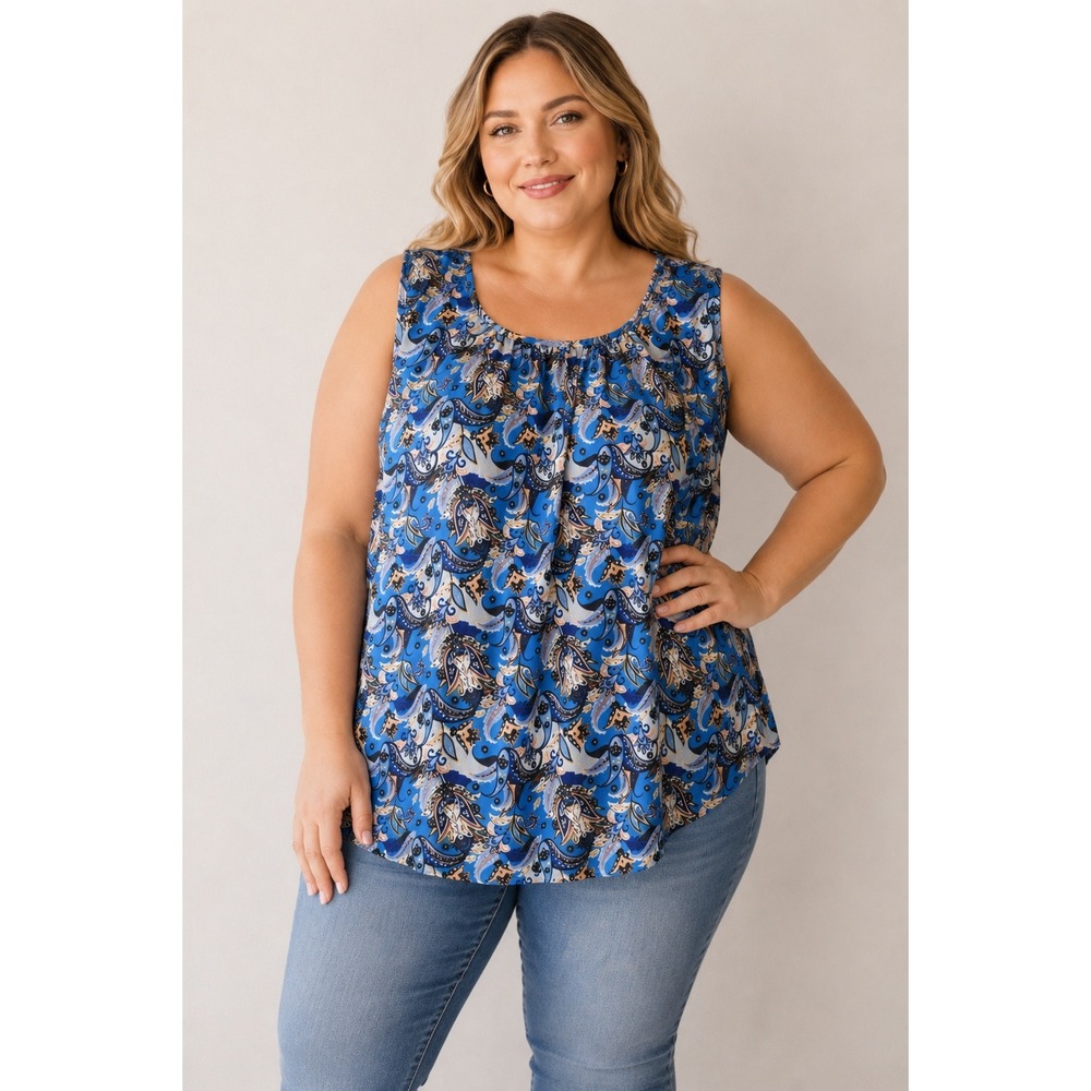 Paraphrase Womens XL Blue Paisley Sleeveless Lined Pleated Scoop Neck Blouse Top